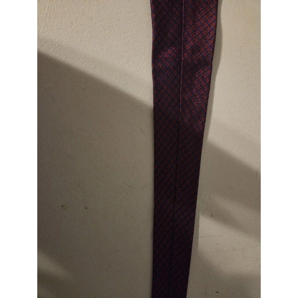 Tommy Hilfiger Silk Tie Vintage Red Navy Micro Grid Gold Crest Embroidery 58